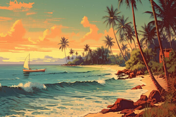 Poster - Drawing retro tropical beach summer background. Graphic illustration design. Generative ai.