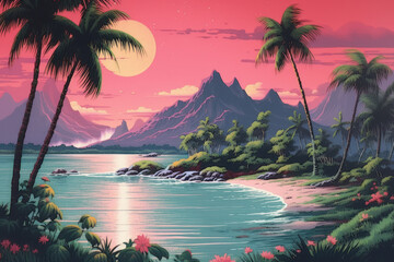 Wall Mural - drawing retro tropical beach summer background. graphic illustration design. generative ai.
