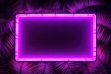 Modern Minimalism. Neon Frame On Palm With Dark Background