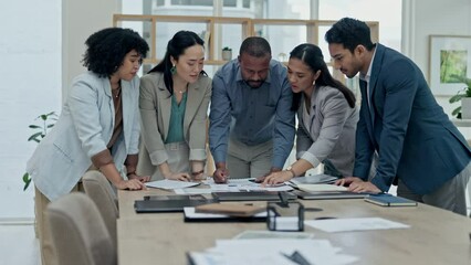 Poster - Business people, diversity and meeting for team strategy, planning or collaboration on office desk. Diverse group in teamwork discussion with documents for project plan or sharing ideas at workplace