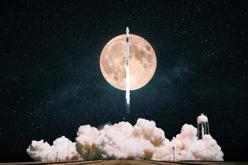 Aufkleber - New space ship rocket with smoke and clouds lift off into the starry sky with full moon. Rocket take off. Space Mission Launch to the Moon Concept.