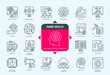 © Genestro - Editable line Hard Skills outline icon set. Data Mining, Technical, Artificial Intelligence, Cyber Security, Copywriting, Accounting, Cloud Computing. Editable stroke icons EPS