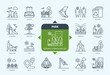 Editable line Outdoor Park outline icon set. Pond, Fountain, Dog Walking, Running, Yoga, Swing, Playground, Sport Activities. Editable stroke icons EPS
