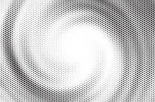 Monochrome Swirl Dots Background. Fade Texture. Vintage Pop-art Backdrop. Twirl Effect Dotted Overlay Background.. Vector Illustration.	