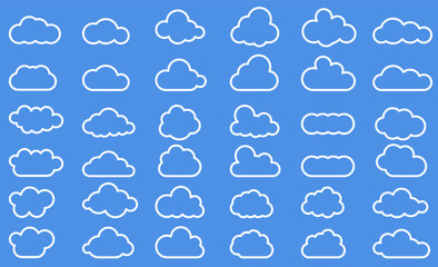 Wall Mural - Clouds in the sky thin line. Abstract white set of clouds isolated on a blue background. Vector illustration.