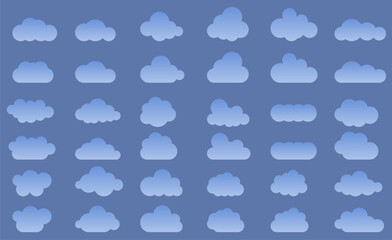 Wall Mural - The clouds in the sky are drawn with a gradient. Abstract white set of clouds isolated on a blue background. Vector illustration.