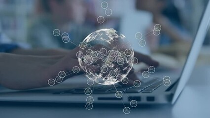 Poster - Animation of network of connections over globe and caucasian student using computer