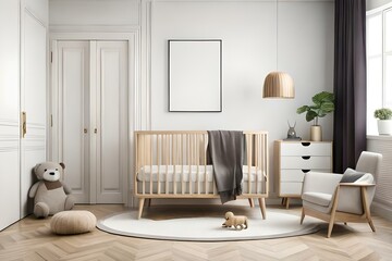 Stylish scandinavian newborn baby room with brown wooden mock up poster frame, toys, plush animal and child accessories