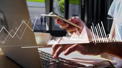 Poster - Animation of data processing over caucasian woman using laptop