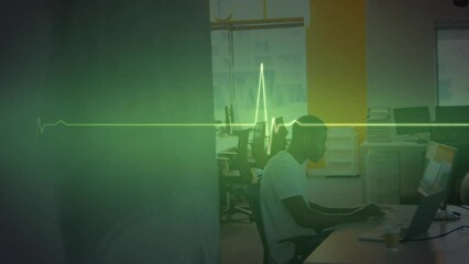 Poster - Animation of glowing light over african american businessman in office