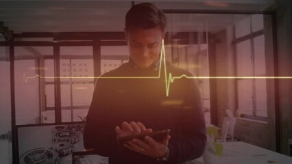 Poster - Animation of glowing light over caucasian businessman using smartphone