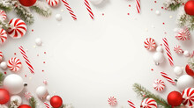 White Background With Christmas Candy Canes And Pine 