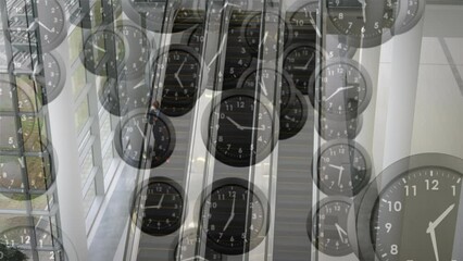 Poster - Animation of clocks ticking and data processing over escalators