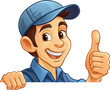 A painter, handyman, mechanic, plumber or other construction cartoon mascot man in overall dungarees. Giving a thumbs up.