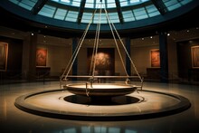 Wide-angle Shot Of The Swing Of A Foucault Pendulum In An Empty Museum