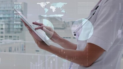 Poster - animation of data processing over caucasian female doctor using tablet