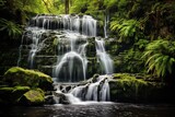 Fototapeta Krajobraz - Cascading waterfall surrounded by dense fern and moss growth