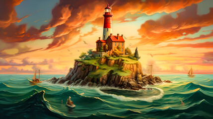 Wall Mural - a painting of a lighthouse in a island and clouds over the water