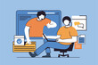 © alexdndz - Virtual assistant concept with people scene in flat design for web. Man calling to helpdesk and getting help and solving problem. Vector illustration for social media banner, marketing material.