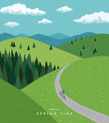 Cycling man in nature. Mountain landscape. Traveling. Scenic view background. Spring summer outdoor adventure. Web banner, Poster, Card, Book cover. Trendy flat design. Simple vector illustration.