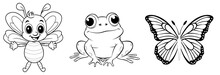 Small Creatures - Cute Bee, Frog And Butterfly, Simple Thick Lines Kids Or Children Cartoon Coloring Book Pages. Clean Drawing Can Be Vectorized To Illustration. Generative AI