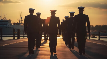 Group of marines walking through the harbor in uniform, backlit