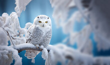 White Winter Owl Perched On A Tree Branch In A Winter Snow Landscape, Beautiful Wildlife Winter Wonderland With Copy Space Snow Bird