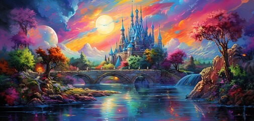 Canvas Print -  painting style illustration banner wallpaper, fantasy fairytale castle under rainbow sky, Generative Ai