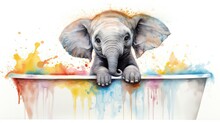 Watercolor Style Illustration Of Cute Baby Elephant Take A Bath In Bathtub With Color Splash, Generative Ai