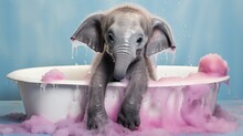  Painting Style Illustration Of Cute Baby Elephant Take A Bath In Bathtub, Generative Ai