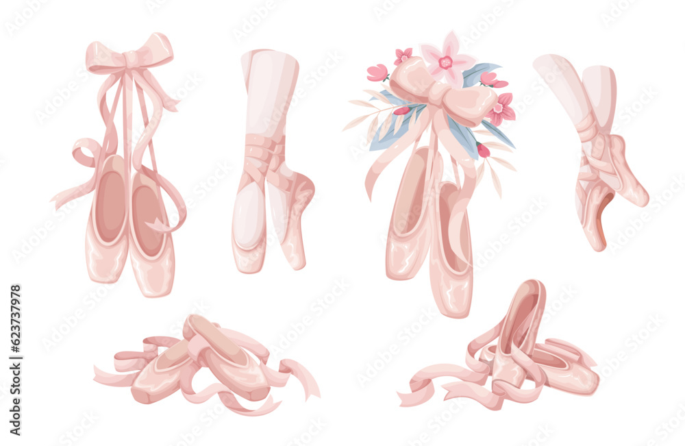 Pointe shoes of ballerina set vector illustration. Cartoon isolated ballet dancer legs in silk slippers dance on rehearsal, pair of footwear hang on ribbon and bow, accessory with summer flowers