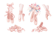 Pointe Shoes Of Ballerina Set Vector Illustration. Cartoon Isolated Ballet Dancer Legs In Silk Slippers Dance On Rehearsal, Pair Of Footwear Hang On Ribbon And Bow, Accessory With Summer Flowers