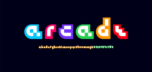 Leinwandbilder - Pixel font, trendy alphabet or typeface, 3d bright letters and number set made in arcade style, vector illustration 10eps