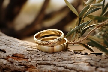 Wedding gold rings are lying on a tree