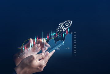 Aufkleber - Hand Business using smart phone with rocket icon, Fast start up business to goal and success objective achievement concept.