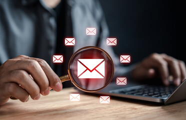 Poster - Alert Email inbox and spam virus with warning caution for notification on internet letter security protect, junk and trash mail and compromised information...