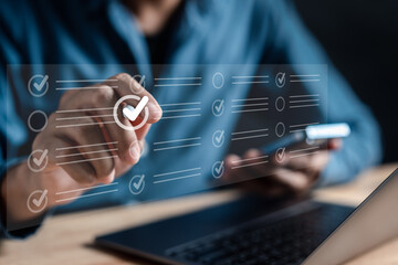 Aufkleber - Checklist business target marketing planning with quality management, Quality Assurance and improvement. Standardization, certification. Compliance to regulations service and standards.