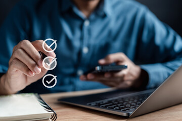 Aufkleber - Checklist business target marketing planning with quality management, Quality Assurance and improvement. Standardization, certification. Compliance to regulations service and standards.