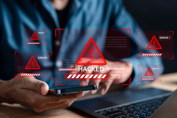 Fototapete - Alert System hacked popup on screen, spam virus with warning caution for notification on internet security protect, code and cyber security and phishing spyware and compromised information.