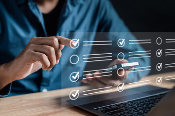 Aufkleber - Checklist business target marketing planning with quality management, Quality Assurance and improvement. Standardization, certification. Compliance to regulations service and standards.