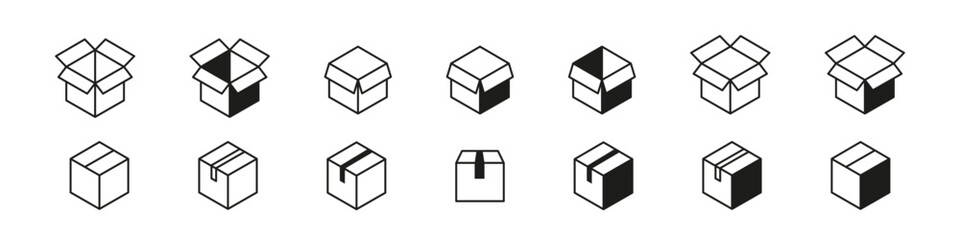 Box icon. Delivery package vector set. Shipping cardboard parcel sign. Empty packing symbol isolated on white background. Packing box sign.