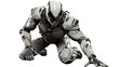 A robot in a kneeling position on the ground . Transparent background.