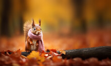 Super Cute Funny Squirrel Wearing A Scarf In Beautiful Fall Landscape, Autumn Scene With A Cute European Red Squirrel. Sciurus Vulgaris. Copy Space