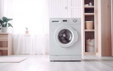 White blurry home laundry room with modern washing machine. Blank space for product display generative ai