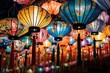 Intricate Chinese paper lanterns glowing in night markets