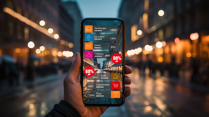 Hand holding smart phone take a graphic, choose store, augmented reality concept created with generative AI technology.