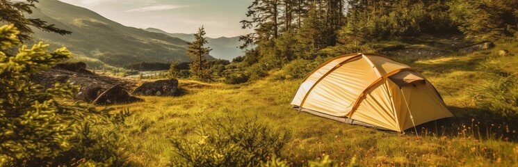 tourist tent in a picturesque place during hiking. beautiful nature for picnic and camping in nature