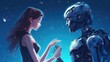 © InfiniteFlow - Couple of man and robot girl holding each other's hands on space sky background, imagination of love passion fantasy between human and AI. Generative AI image weber.
