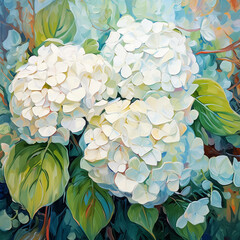 Wall Mural - Bouquet of white hydrangea flowers, modern impressionism. Printable digital oil painting, impasto. Generative AI