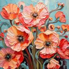 Digital Oil Painting Of A Bouquet Of Red Poppies Flowers On Blue Background, Modern Impressionism, Impasto. Generative AI
